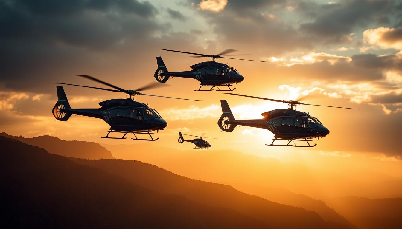 A fleet of sleek Airbus helicopters, the H125/AS350 and AS365 Dauphin, soaring gracefully against a dramatic sky. The aircraft's iconic silhouettes are bathed in warm, golden light, casting long shadows across the rugged terrain below. Blades spinning in a blur, the helicopters appear poised for action, ready to transport troops or provide aerial support. The scene conveys a sense of power and precision, showcasing the impressive capabilities of these versatile military-grade platforms. The composition emphasizes the clean, aerodynamic lines of the airframes, highlighting their engineering excellence and suitability for a wide range of operational scenarios.