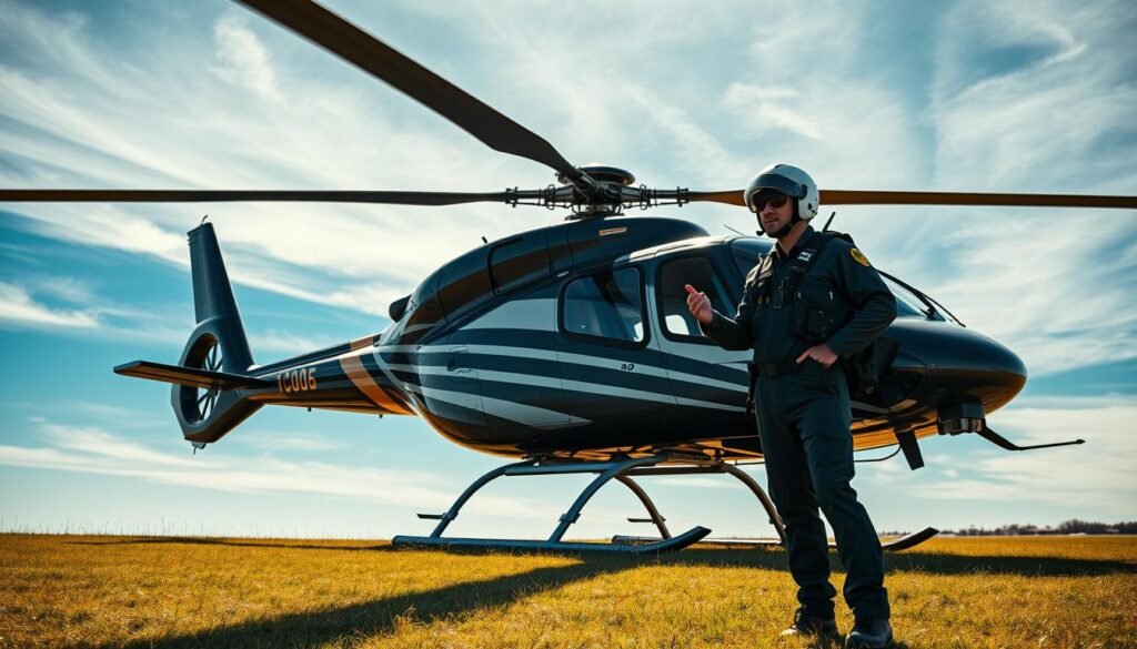Are Helicopters More Dangerous Than Planes? A Pilot’s Safety Breakdown 1 A professional helicopter pilot stands confidently next to a helicopter, representing the expertise and engineering that contribute to modern aviation safety standards.