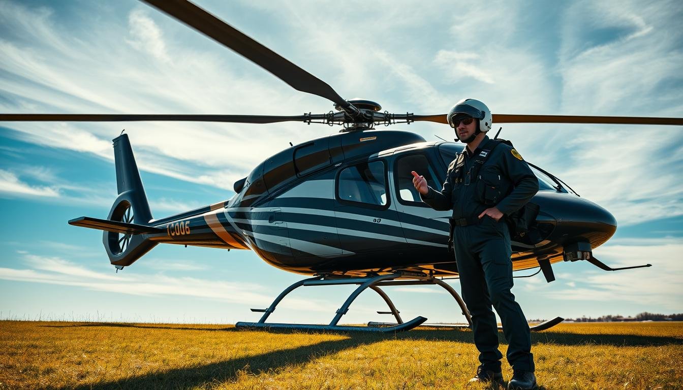 A professional helicopter pilot stands confidently next to a helicopter, representing the expertise and engineering that contribute to modern aviation safety standards.
