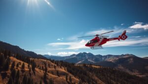An Air Methods or similar EMS helicopter in its iconic red and white livery, flying over the rugged, mountainous terrain of Montana, showcasing the critical and challenging environment of ems helicopter jobs in rural states.