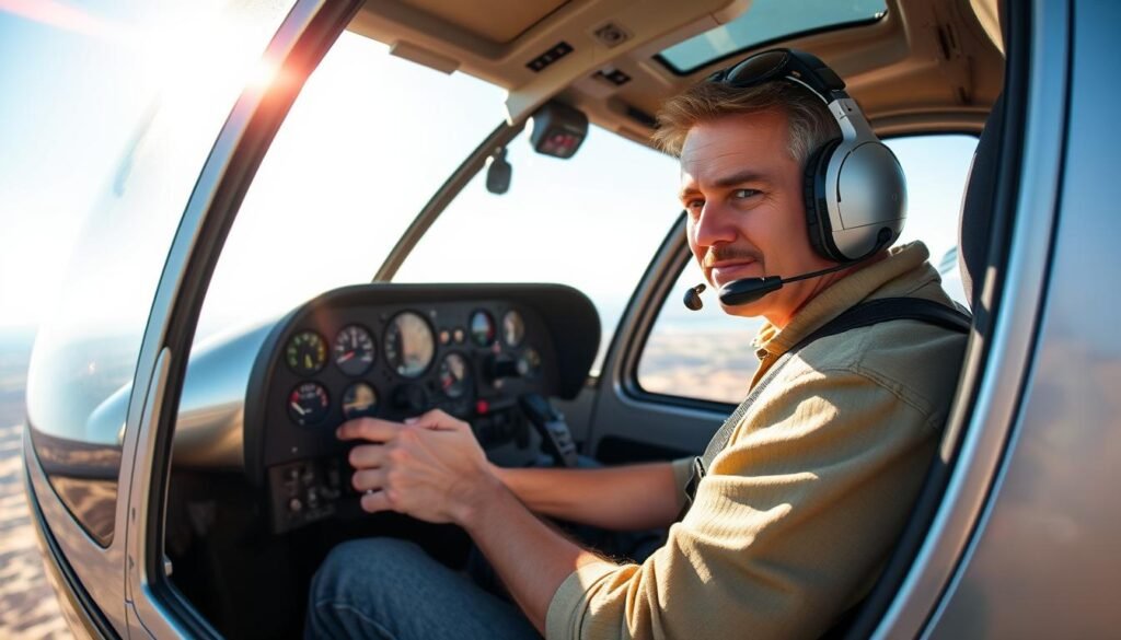 Flying a Helicopter for the First Time: What Beginners Should Know About Safety, Controls, and Expectations 10 A first-time helicopter pilot student flying a helicopter for the first time with a nervous expression in the cockpit, representing the common feelings and initial challenges beginners should expect during their introductory flight.
