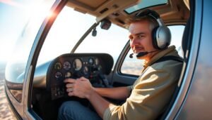 A first-time helicopter pilot student flying a helicopter for the first time with a nervous expression in the cockpit, representing the common feelings and initial challenges beginners should expect during their introductory flight.