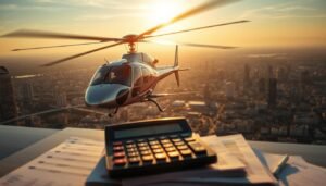 A helicopter in flight at dawn with a calculator superimposed in the foreground, symbolizing the analysis of real operating costs versus common myths about helicopter expenses.