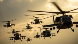 A formation of military helicopters for sale, such as the UH-1 Huey, flying in formation, showcasing the type of decommissioned aircraft available for civilian acquisition.