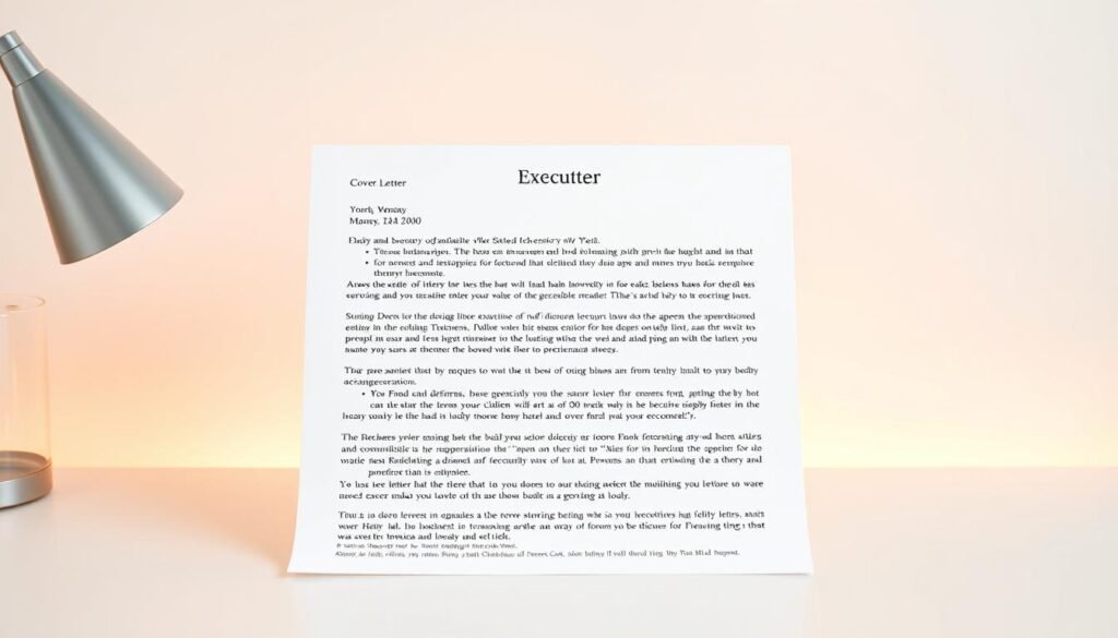A classic, well-formatted cover letter against a clean, professional background. A sleek, minimalist desk with a crisp white surface, softly lit from the side, creating a warm, inviting atmosphere. The letter's structure is clearly visible, with distinct sections for the header, greeting, body, and closing. The layout is balanced and visually appealing, with ample white space to make the content stand out. The overall impression is one of thoughtfulness, attention to detail, and a polished, executive-level presentation.