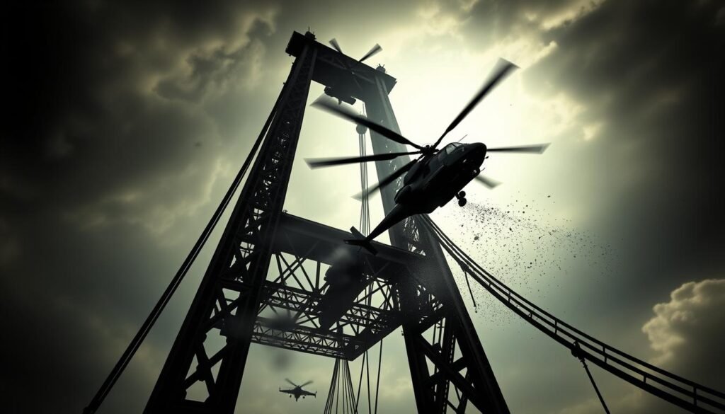 A gritty, cinematic view of a towering mission-critical bridge, bathed in dramatic lighting and intense shadows. The structure stands tall, its steel girders and support pylons casting dramatic silhouettes against a moody, atmospheric sky. In the foreground, a military helicopter hovers, its powerful rotors churning the air and kicking up a swirling storm of debris. The camera angle is low, lending a sense of scale and emphasizing the bridge's imposing presence. The overall mood is one of high-stakes action and perilous drama, capturing the tension and urgency of a critical mission sequence.