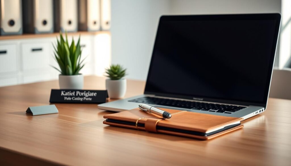 A neatly organized desk with a laptop, a pen holder, and a leather-bound notebook. A tasteful nameplate and a small potted plant add a touch of professionalism. Warm, directional lighting casts subtle shadows, accentuating the clean, minimalist design. The background is a soft, blurred office setting, with a sense of focus and attention to detail. The overall atmosphere conveys a tailored, personalized approach to professional services.