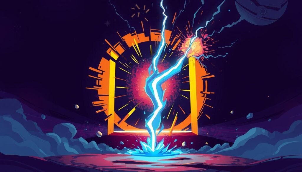 A stylized, dynamic illustration showcasing an attention-grabbing opening. In the foreground, a captivating focal point, such as a dramatic lightning bolt or a bursting supernova, commands the viewer's gaze. The middle ground features a sense of motion and energy, with swirling cosmic elements or abstract shapes that draw the eye inward. The background is shrouded in an atmospheric, moody lighting, perhaps with hints of a distant horizon or celestial bodies, creating depth and a sense of scale. Vibrant, high-contrast colors and a sense of depth and movement combine to craft an impactful, visually striking image that embodies the idea of an attention-grabbing opening.