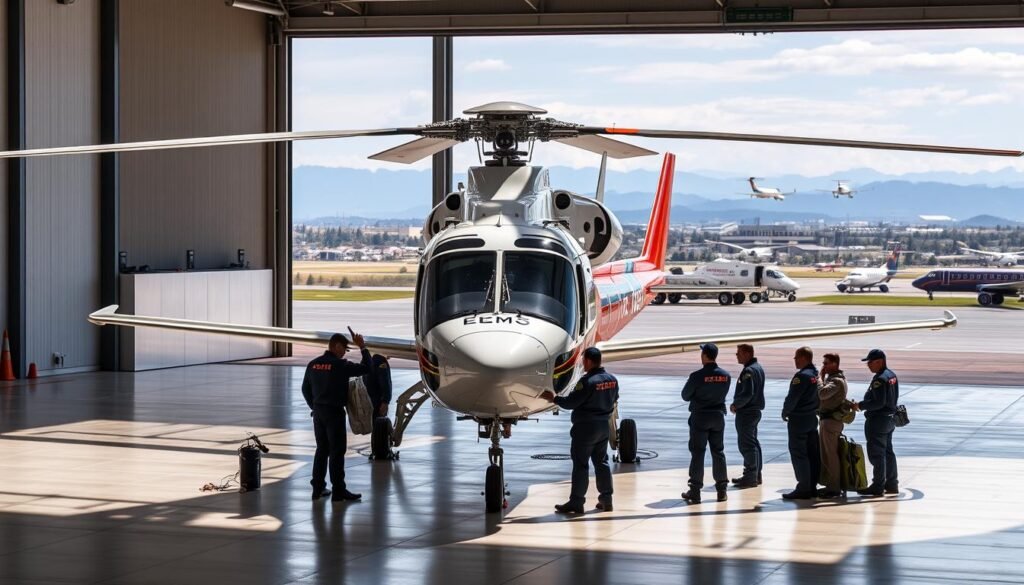 A well-lit hangar interior, with a sleek EMS helicopter taking center stage. The aircraft's bright livery and detailed features are captured in sharp focus, conveying a sense of professionalism and technical expertise. In the foreground, a team of pilots and ground crew are meticulously inspecting the aircraft, conducting pre-flight checks and ensuring every system is operating at peak efficiency. The background features a panoramic view of the airfield, with other aircraft taking off and landing against a backdrop of clear skies and distant mountains. The overall scene radiates a mood of unwavering dedication to aviation safety and operational excellence.