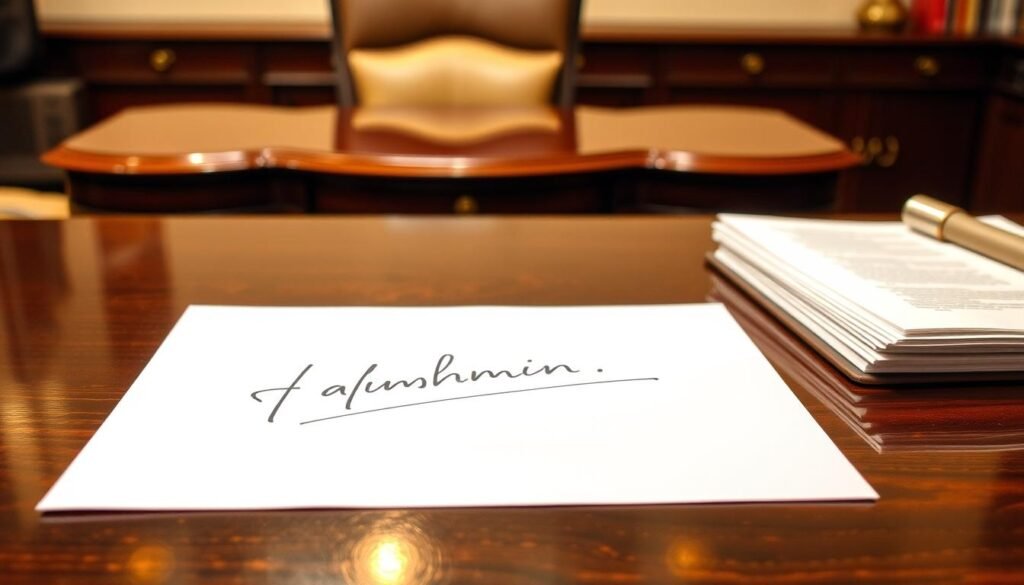 An elegant office desk, a polished wooden surface reflecting the warm lighting above. In the foreground, a professional-looking signature in cursive calligraphy on a crisp white document, conveying a sense of closure and finality. Beside it, a neat stack of documents, implying additional attachments to be included. The background is slightly blurred, emphasizing the focal point - the signature and attachments, representing a strong call to action and a polished, executive-level presentation.