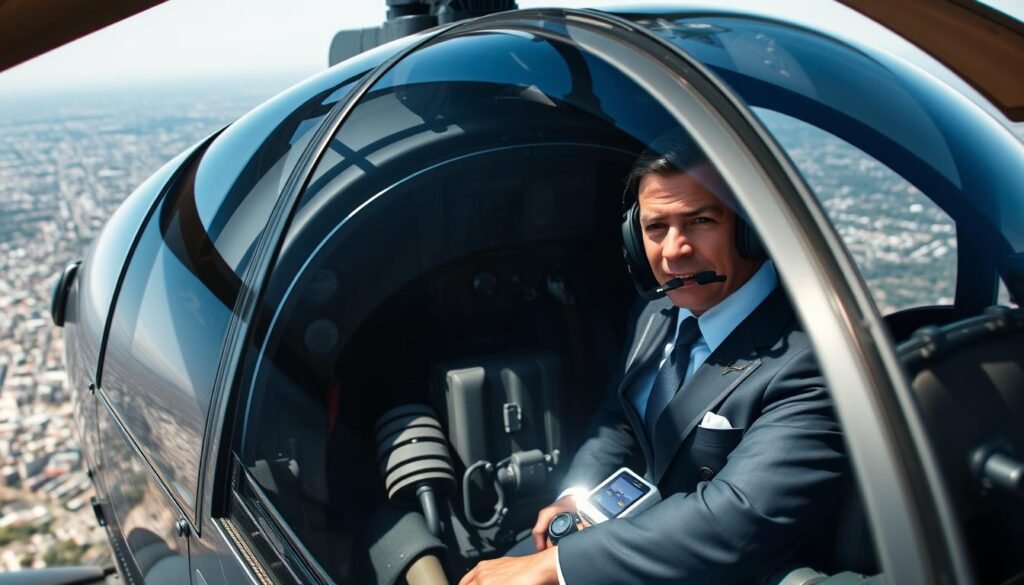 An experienced pilot in a tailored flight suit sits in the cockpit of a sleek military helicopter. The cockpit's intricate controls and displays are meticulously detailed. Sunlight streams through the canopy, creating dramatic shadows and highlights on the pilot's focused expression. The helicopter's exterior is a gleaming metallic finish, reflecting the surrounding environment. In the background, a sprawling cityscape or rugged terrain sets the scene. The overall mood is one of precision, power, and professionalism - capturing the essence of the skilled individuals responsible for safely operating these complex aircraft.